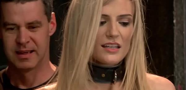  Tied blonde trainee takes huge dick